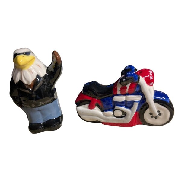 Ceramic Bald Eagle & Motorcycle Salt & Pepper Shakers - Picture 1 of 16